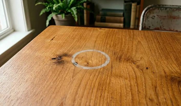 If wooden furniture had white water rings left by cold drinking glasses, what rich condiment did vintage home tips recommend rubbing onto the spot?