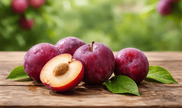 Which smooth-skinned stone fruit comes in deep purple, red, or yellow varieties and features sweet, juicy flesh surrounding a single hard pit?